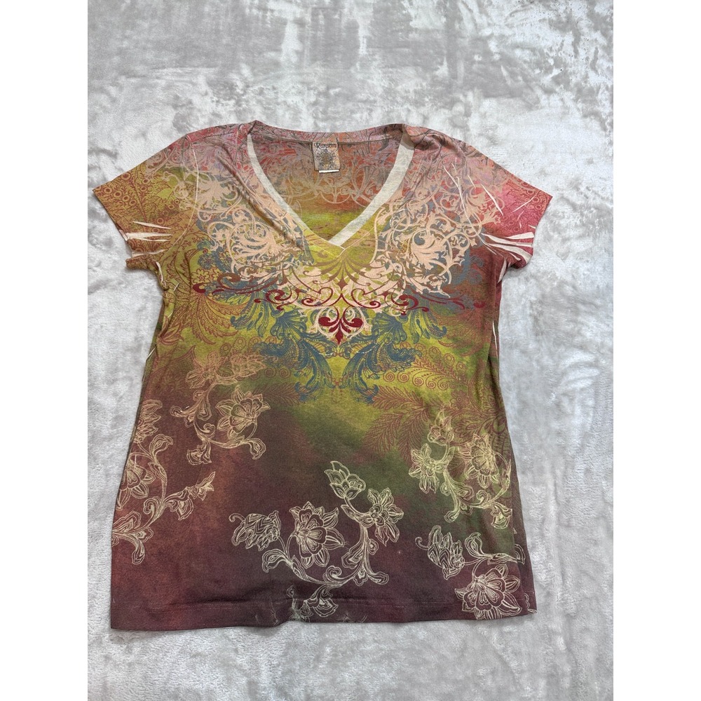 Ransom Shirt Womens Size Large V-Neck Abstract Floral Filigree Graphic Y2K EUC